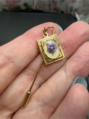 Vintage Locket Stick Pin with Purple petit point #7SP
